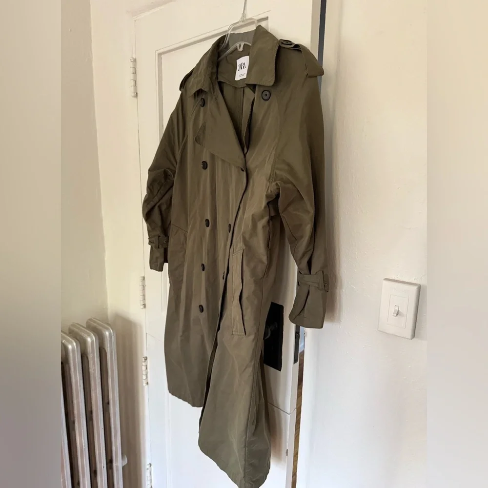 Zara Raincoat Trench Coat Olive Green Double Breasted XS